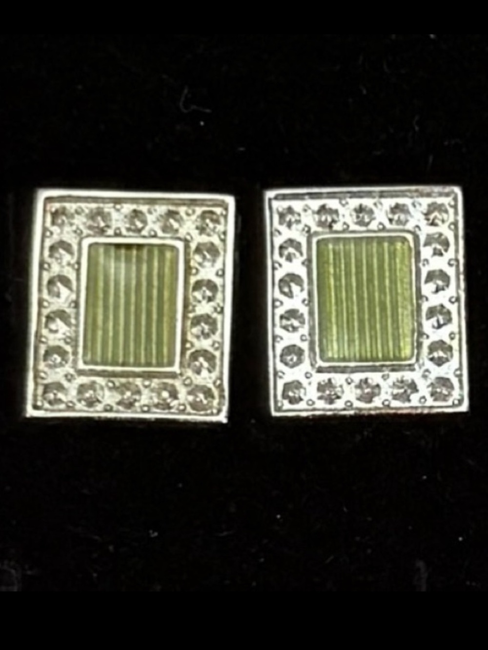 Vintage Silvertone and Green Square Pierced Earrings
